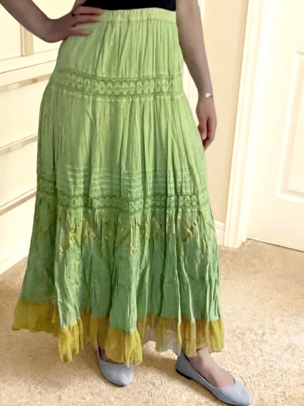 🇨🇦 Vintage Boho Maxi Skirt • Green Ombré • Crinkle Cotton Feel • Lace & Ribbon - Picture 8 of 14